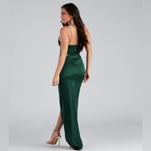 Windsor Adrienne Formal One Shoulder Satin Wrap Green Dress Size M - Picture 2 of 6